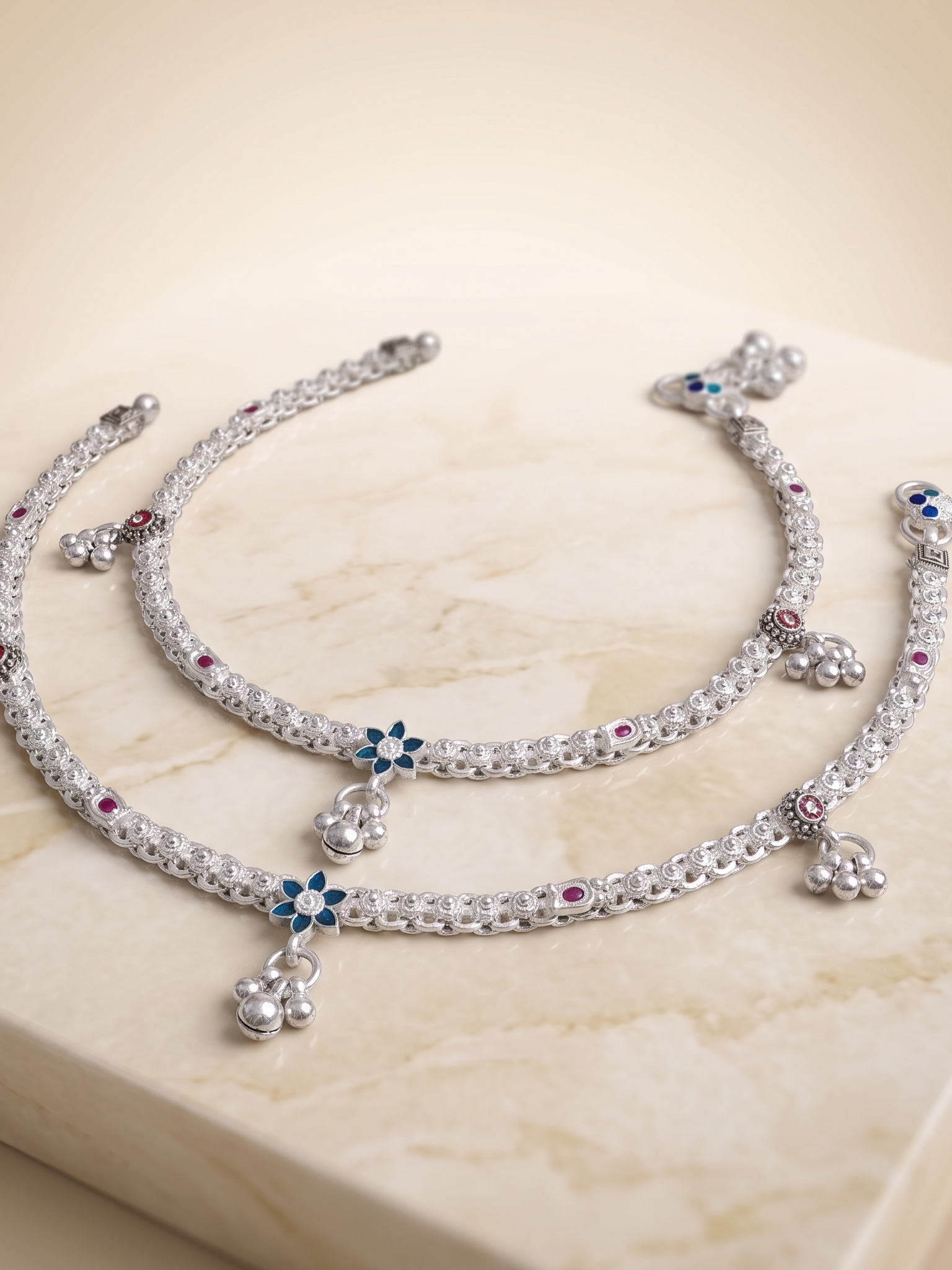 Premium German Silver White Metal Heritage Payal with Multi-Color Accents