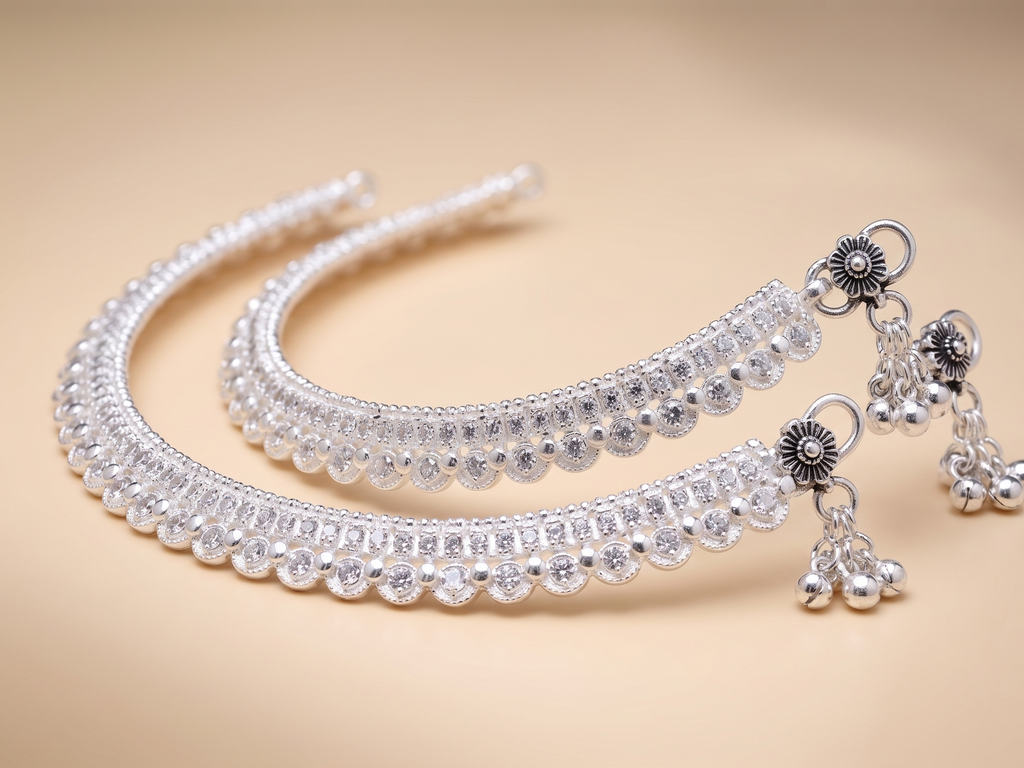 Elegant Scalloped Edge Silver-Plated Payal Anklets with Textured Geometric Links (Pair)