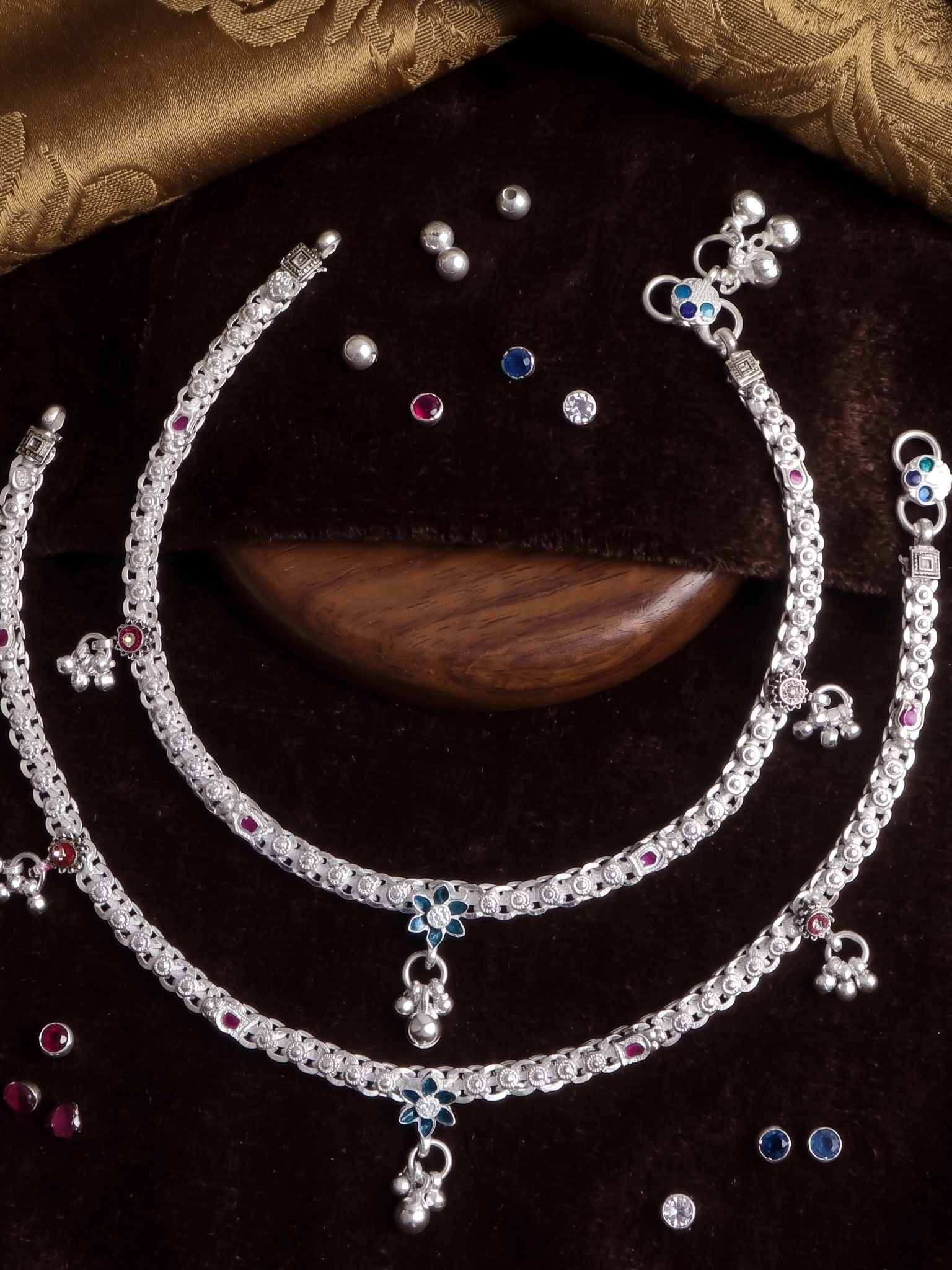 Premium German Silver White Metal Heritage Payal with Multi-Color Accents