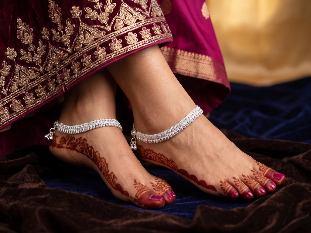 Elegant Silver-Plated Bridal Payal Set | Traditional Indian Anklets with Pink & Green Stone Accents and Ghungroo Bells