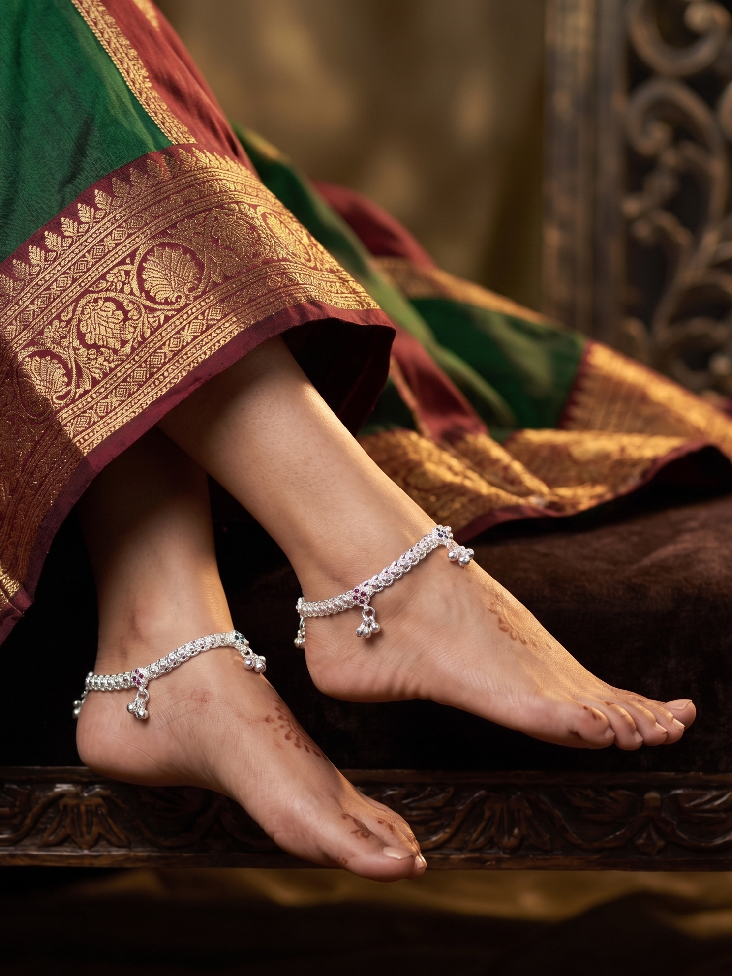Premium German Silver White Metal Heritage Payal with Multi-Color Accents