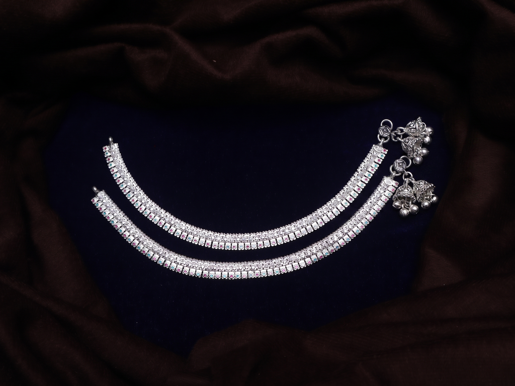 Elegant Silver-Plated Bridal Payal Set | Traditional Indian Anklets with Pink & Green Stone Accents and Ghungroo Bells