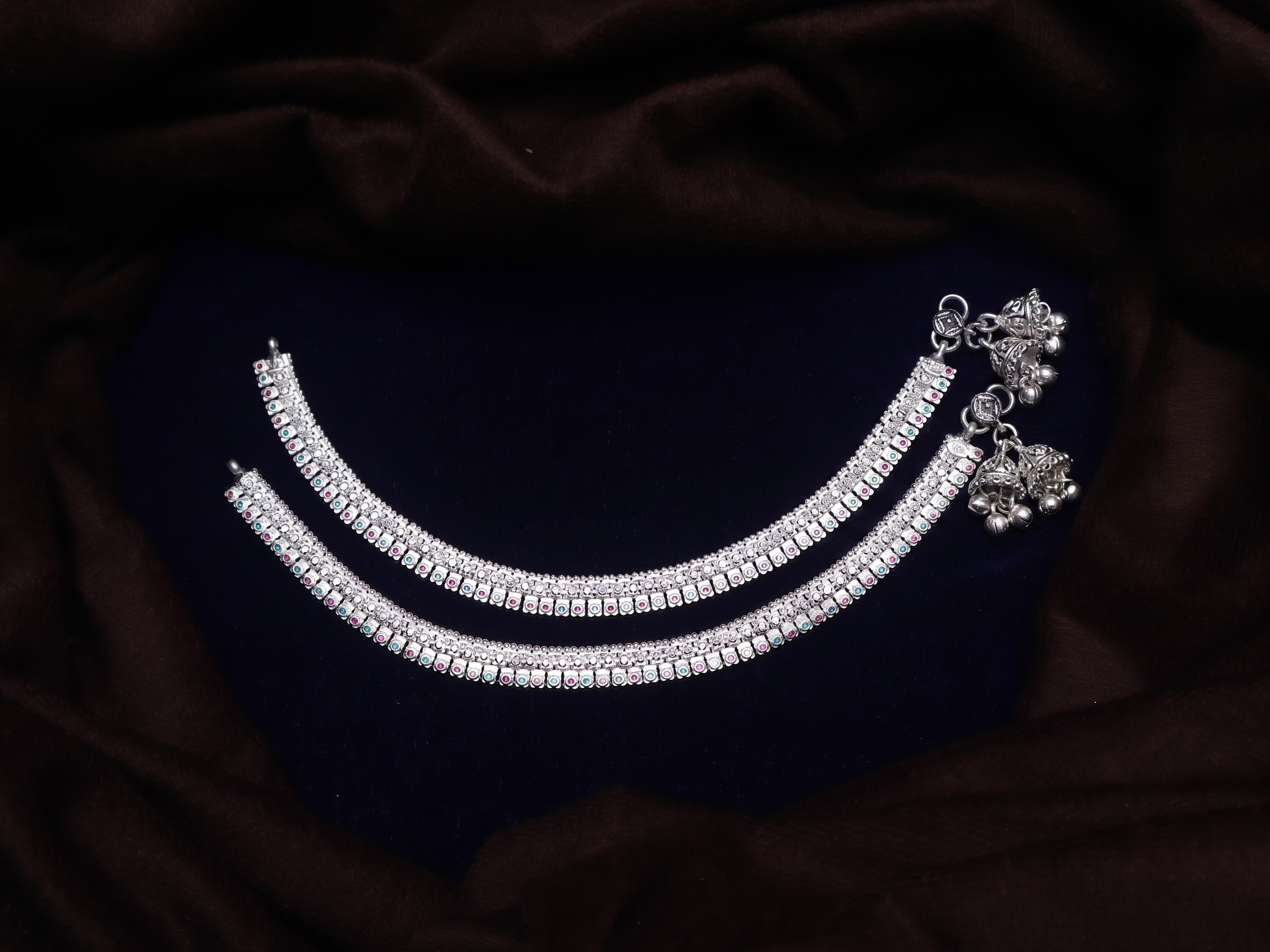 Elegant Silver-Plated Bridal Payal Set | Traditional Indian Anklets with Pink & Green Stone Accents and Ghungroo Bells