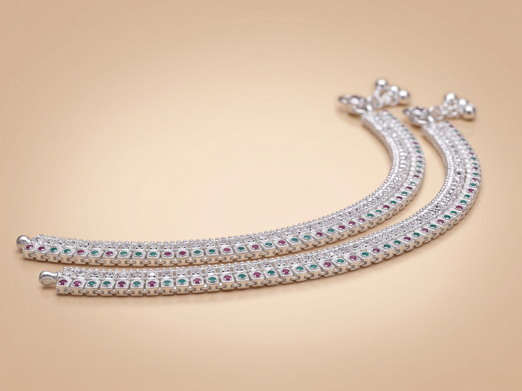 Elegant Silver-Plated Bridal Payal Set | Traditional Indian Anklets with Pink & Green Stone Accents and Ghungroo Bells