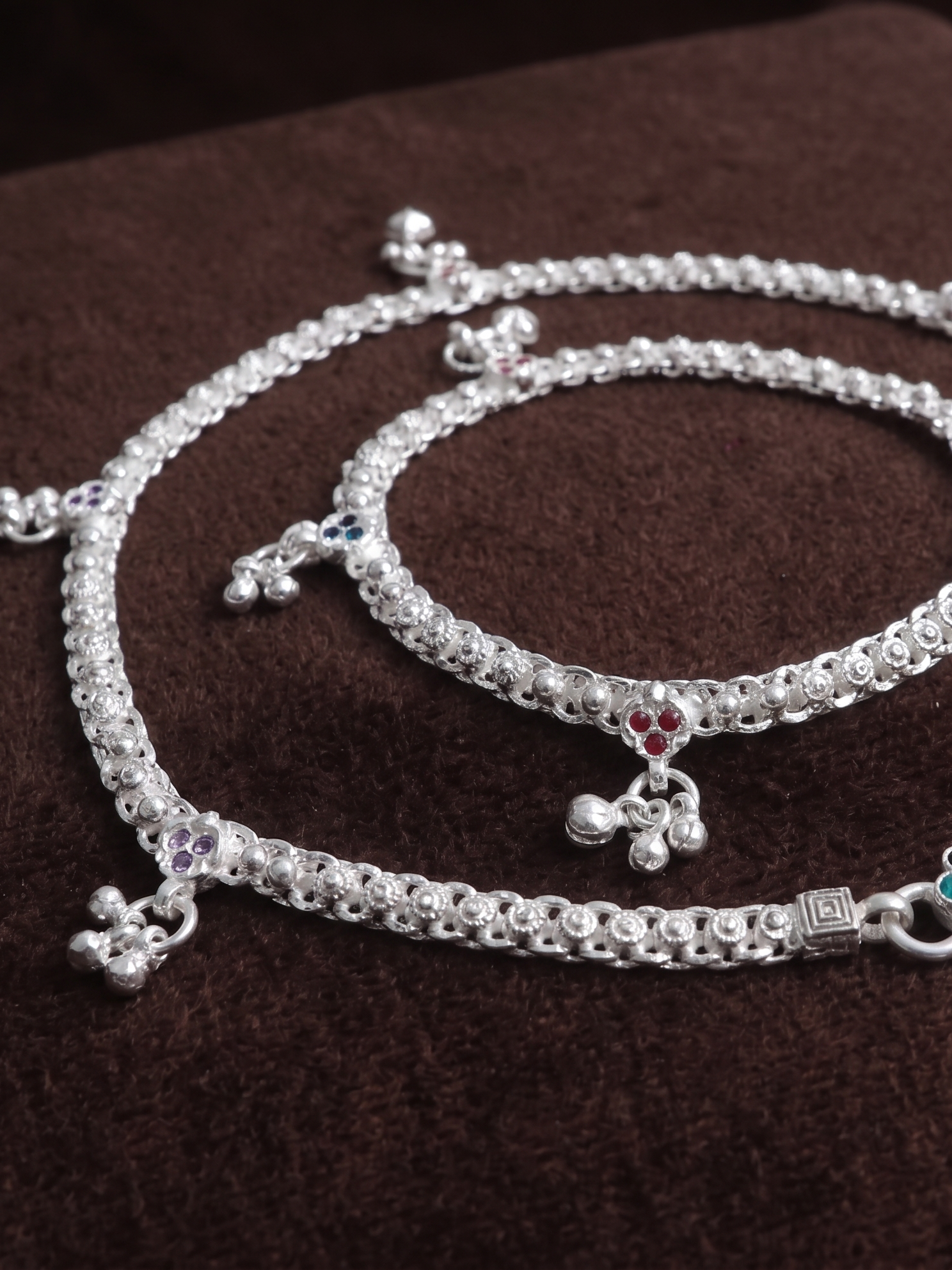 Premium German Silver White Metal Heritage Payal with Multi-Color Accents