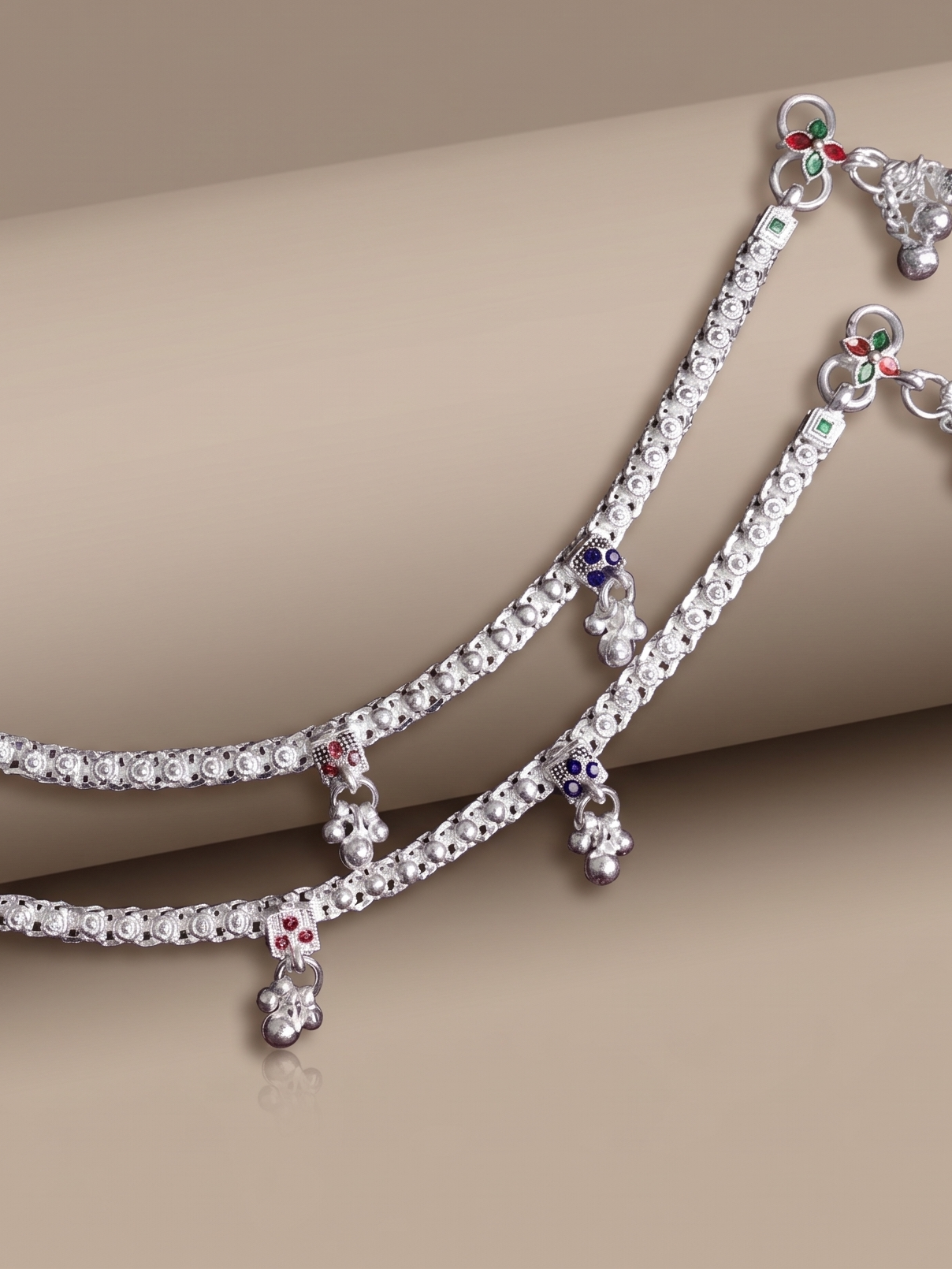 Premium German Silver White Metal Heritage Payal with Multi-Color Accents