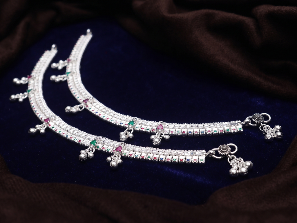Traditional Silver-Plated Bridal Payal Set with Hanging Ghungroo Charms | Ethnic Indian Anklets with Pink & Green Accents