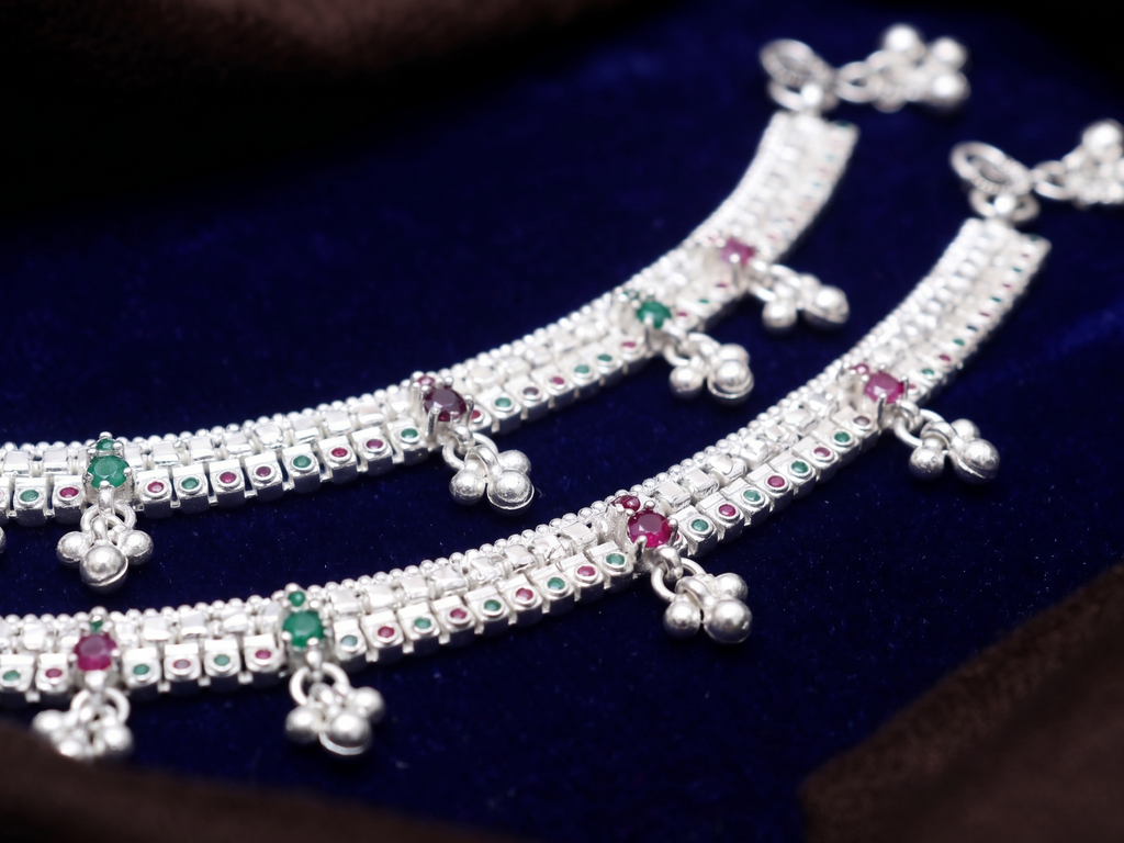 Traditional Silver-Plated Bridal Payal Set with Hanging Ghungroo Charms | Ethnic Indian Anklets with Pink & Green Accents