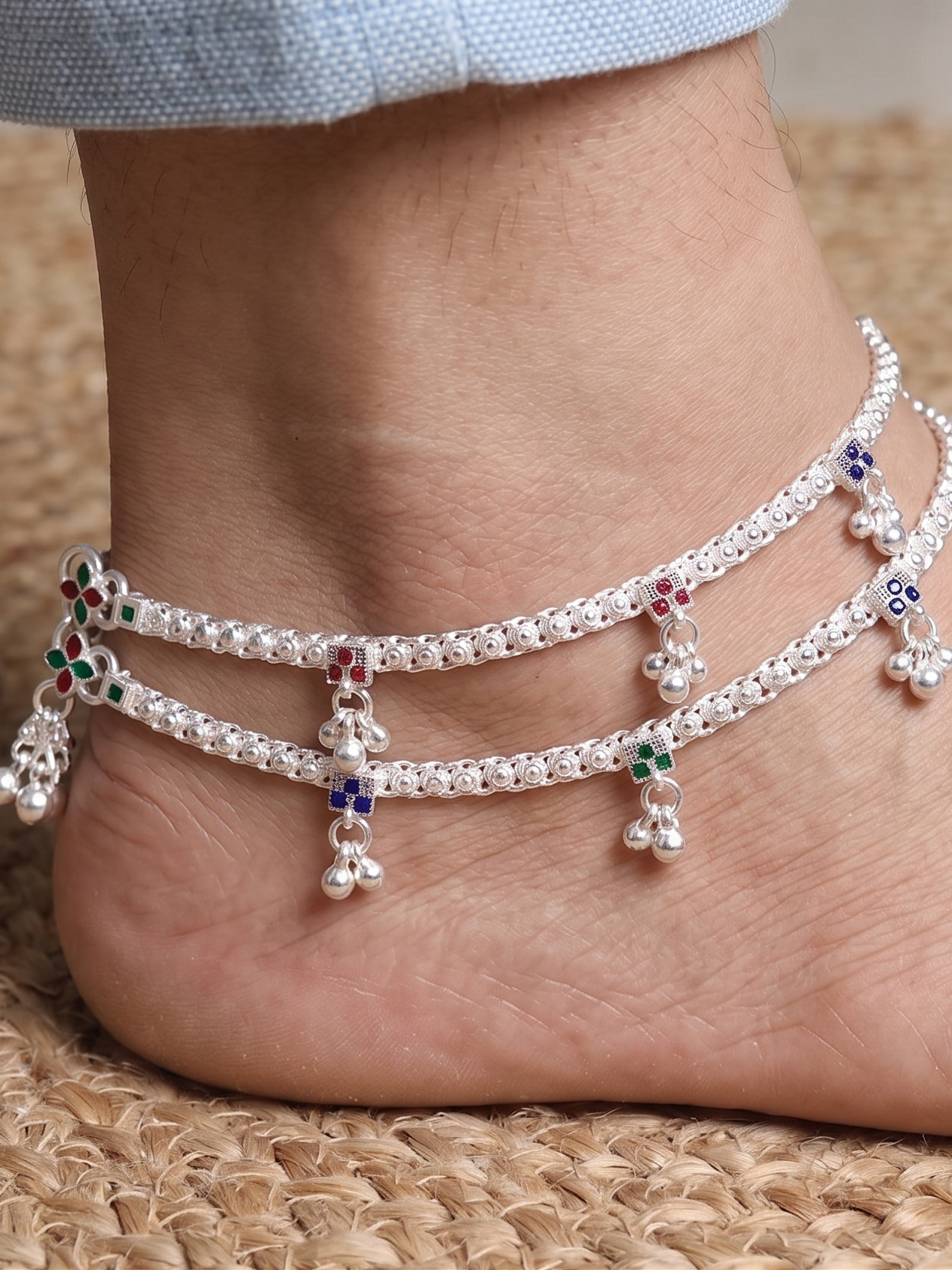 Premium German Silver White Metal Heritage Payal with Multi-Color Accents