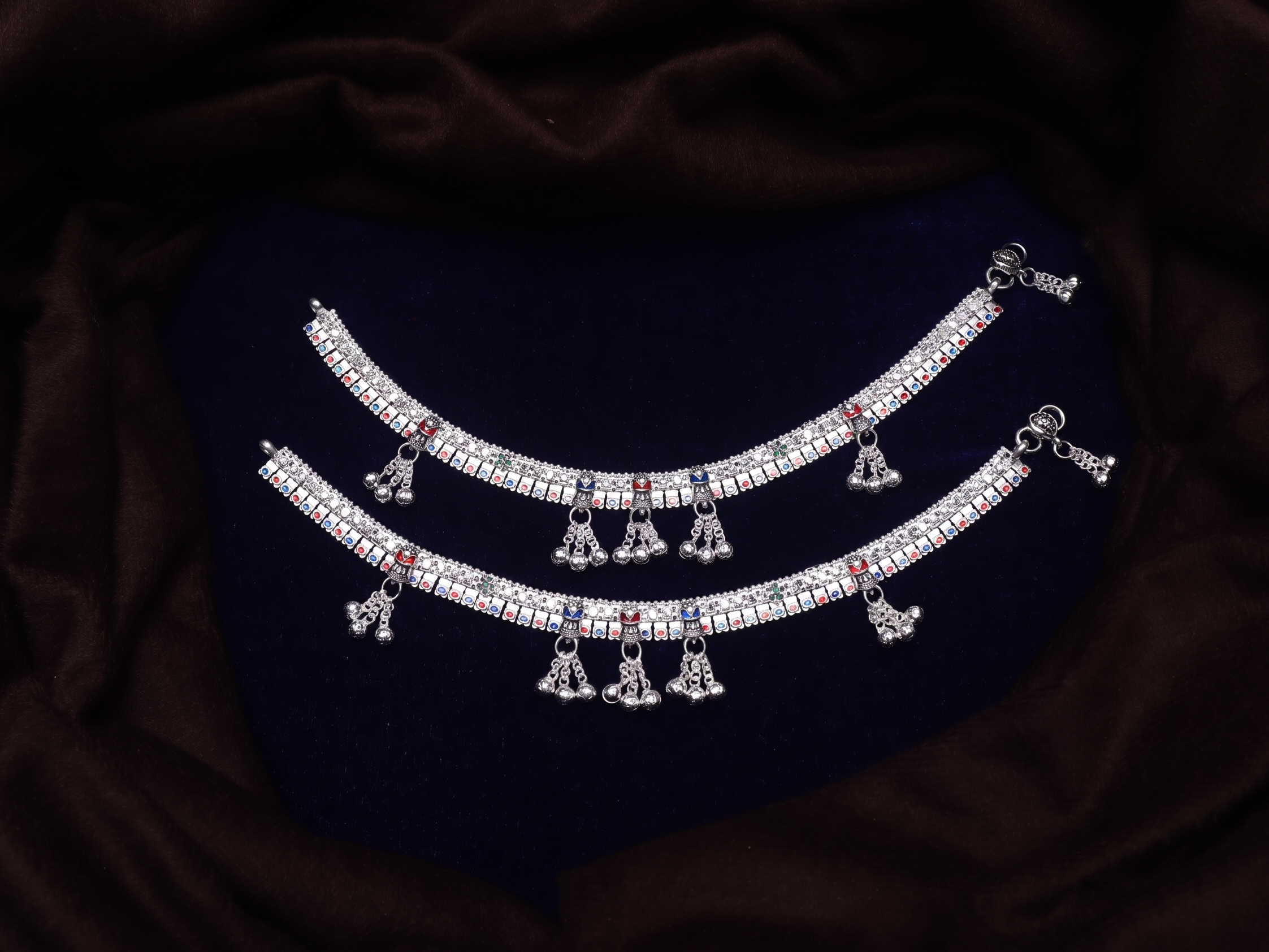 Elegant Traditional Silver Anklet Pair (Payal) with Meenakari Work and Ghungroo Bells