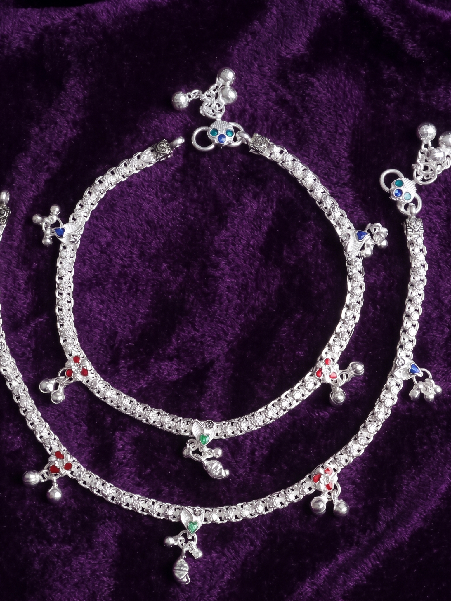 Premium German Silver White Metal Heritage Payal with Multi-Color Accents