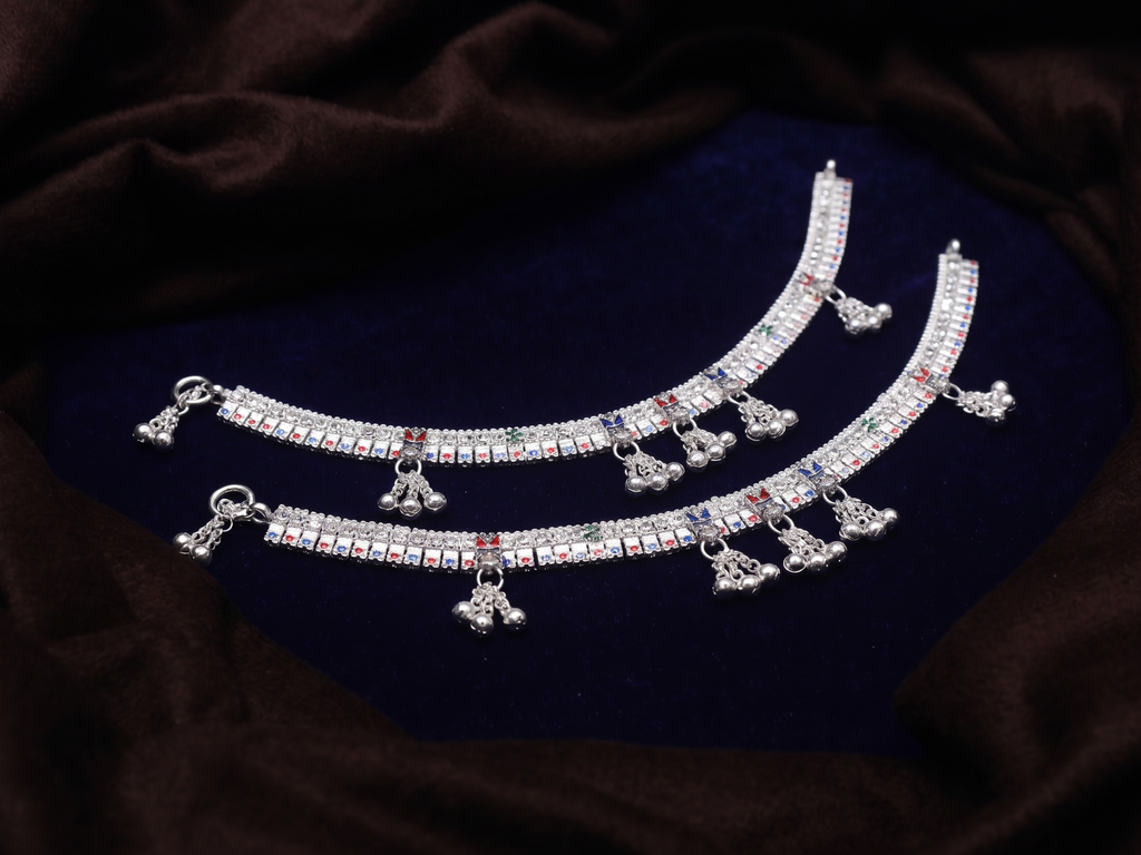 Elegant Traditional Silver Anklet Pair (Payal) with Meenakari Work and Ghungroo Bells