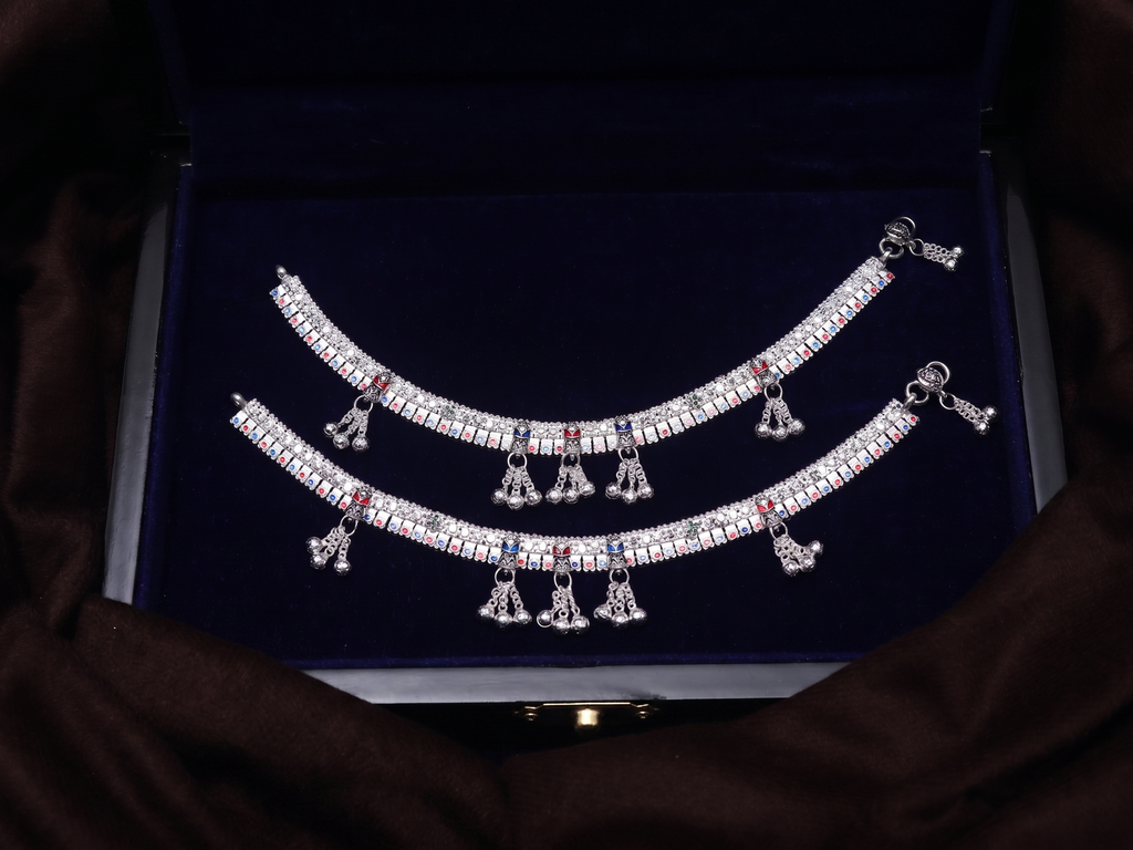 Elegant Traditional Silver Anklet Pair (Payal) with Meenakari Work and Ghungroo Bells