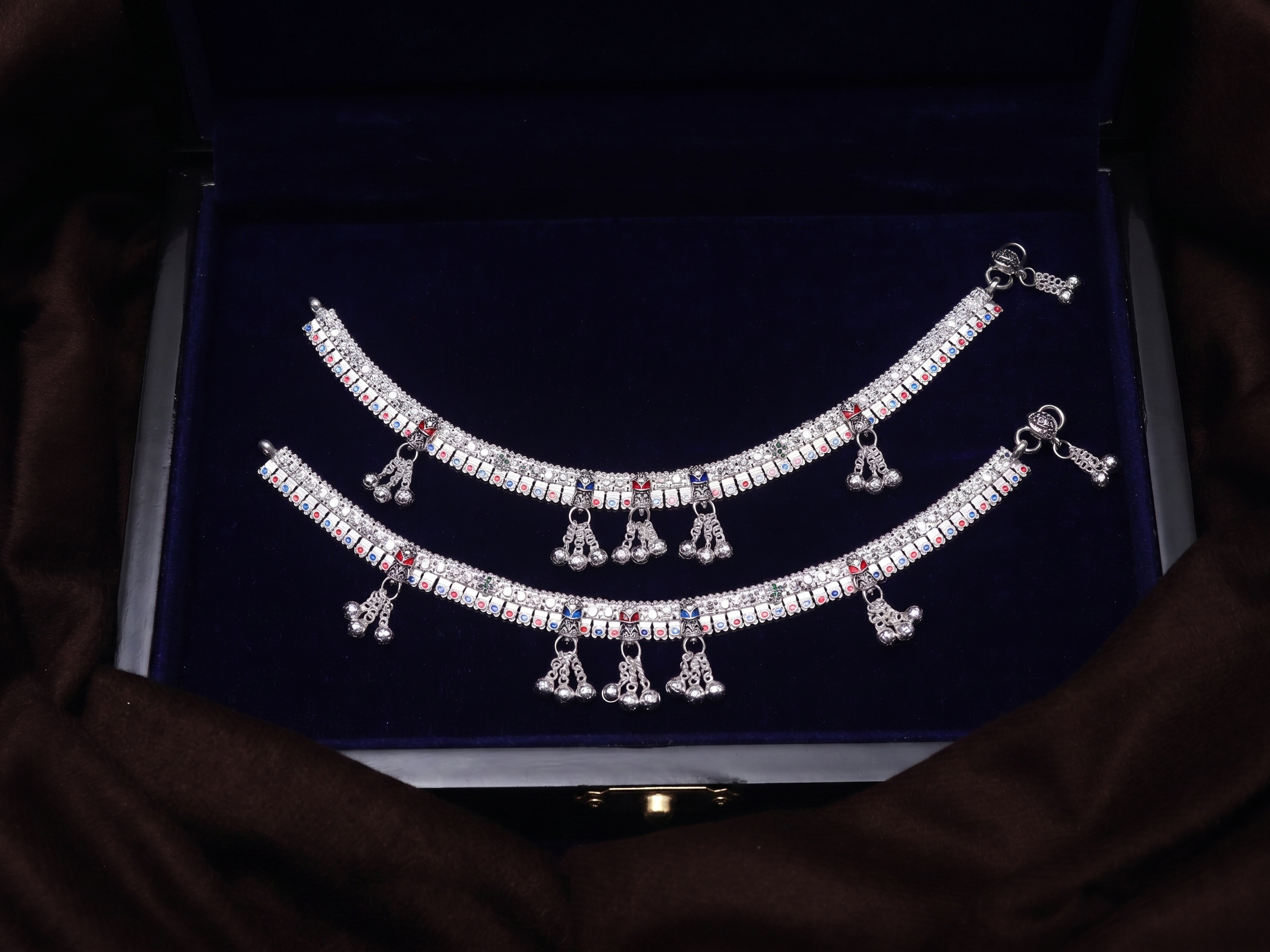 Elegant Traditional Silver Anklet Pair (Payal) with Meenakari Work and Ghungroo Bells