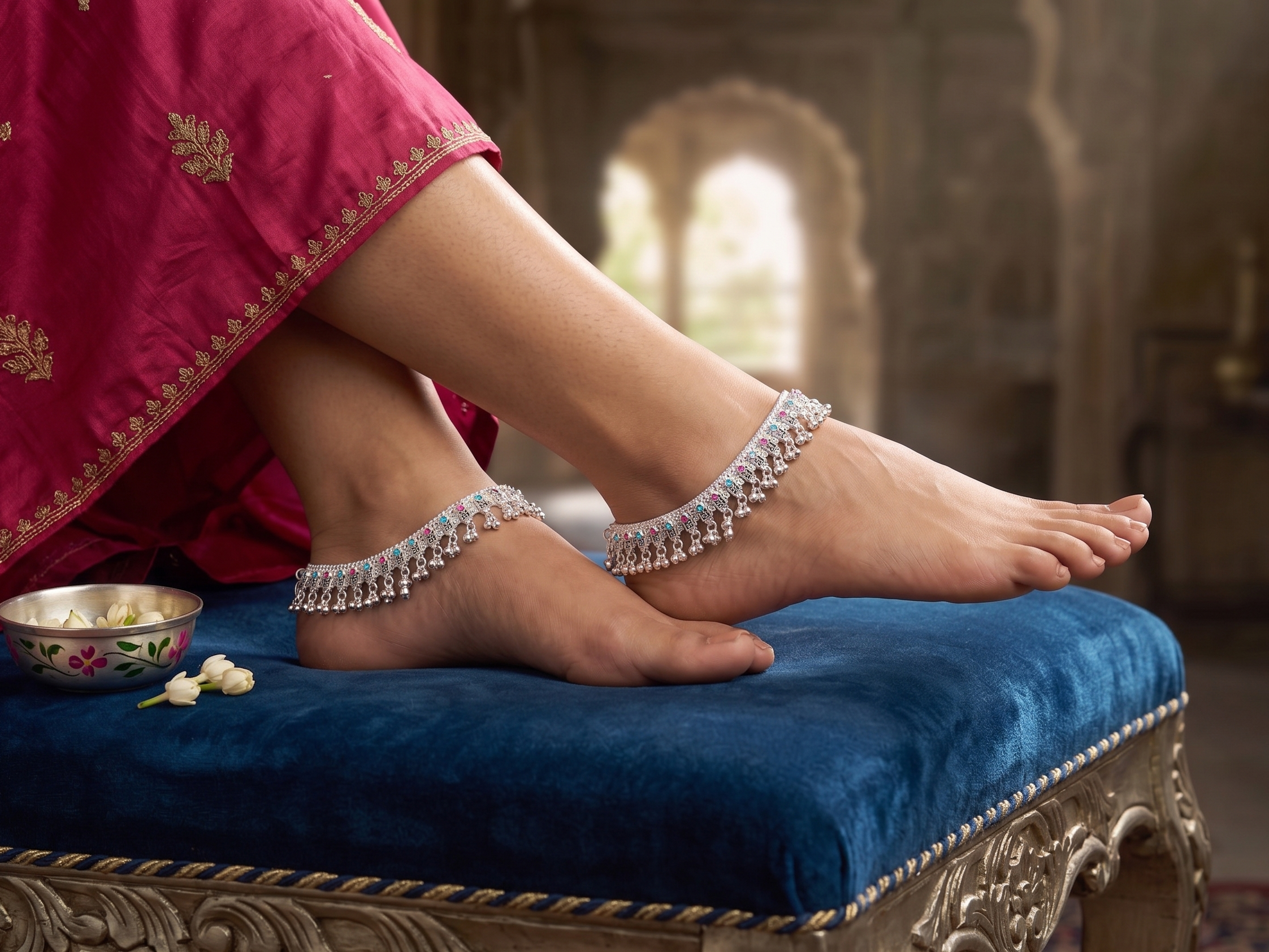 Exquisite Oxidized Silver Bridal Payal Set with Pink & Blue Meenakari and Heavy Ghungroo Drops