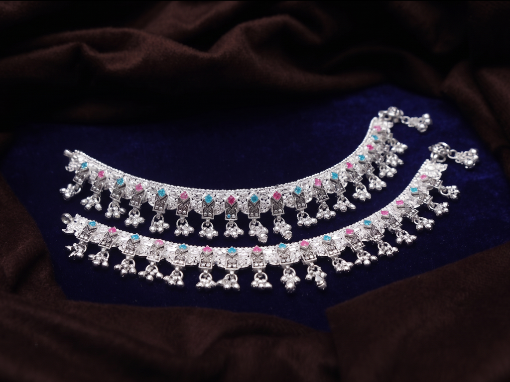 Exquisite Oxidized Silver Bridal Payal Set with Pink & Blue Meenakari and Heavy Ghungroo Drops