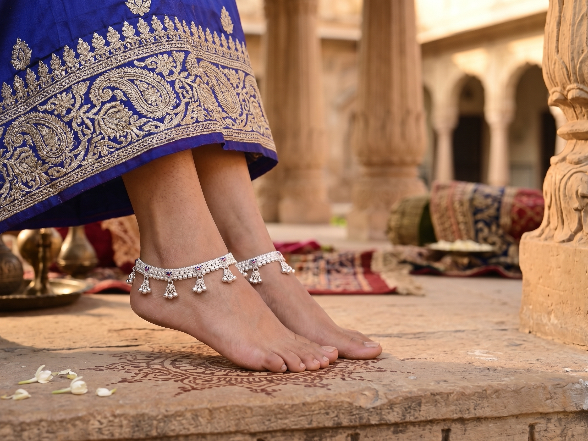 Classic Silver-Toned Traditional Payal Pair with Intricate Beadwork and Dangling Ghungroo Clusters