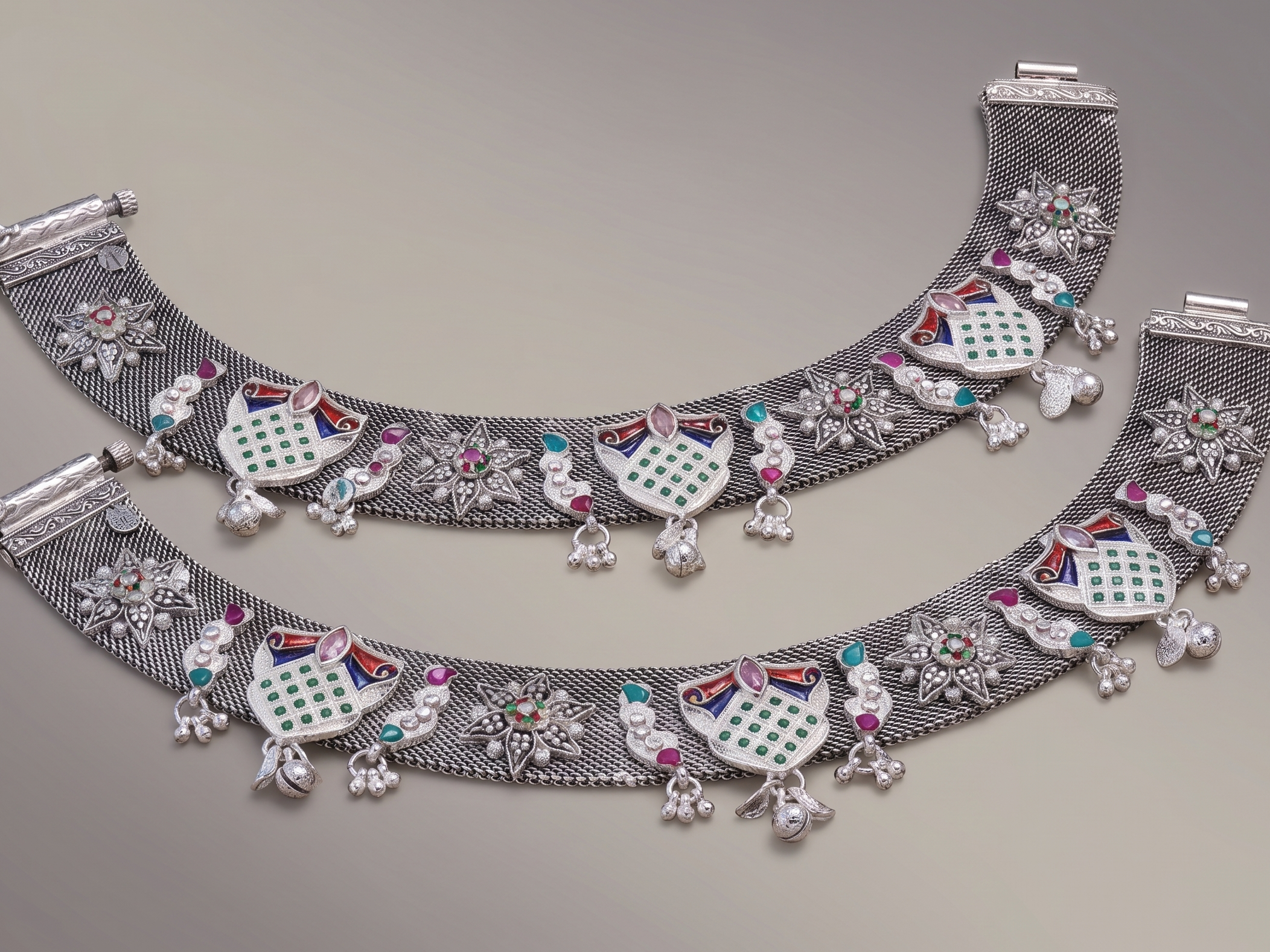 R Plus Royal Meenakari Bridal Payal - Heavy German Silver Mesh Anklets with Multicolor Inlay