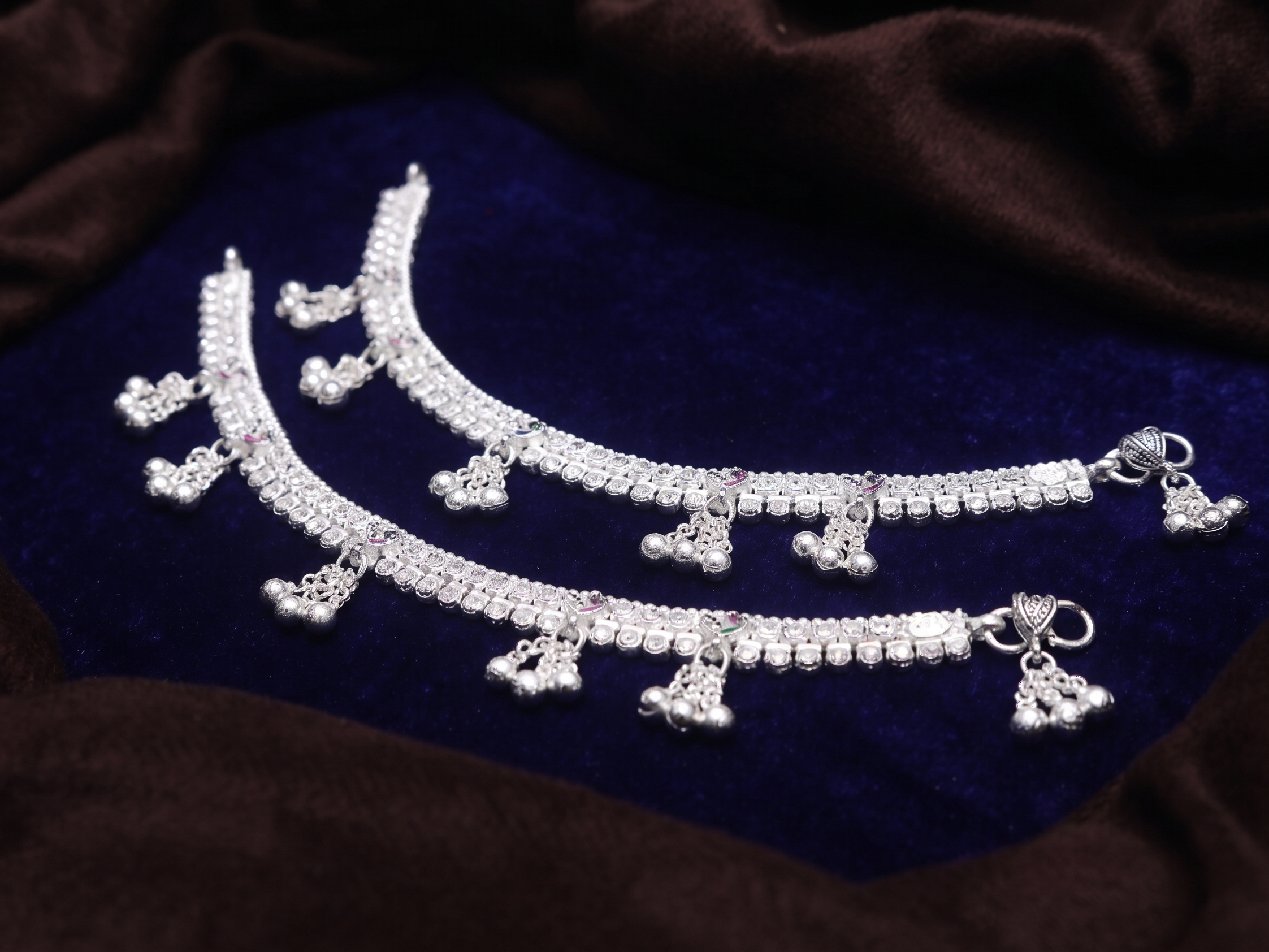 Classic Silver-Toned Traditional Payal Pair with Intricate Beadwork and Dangling Ghungroo Clusters