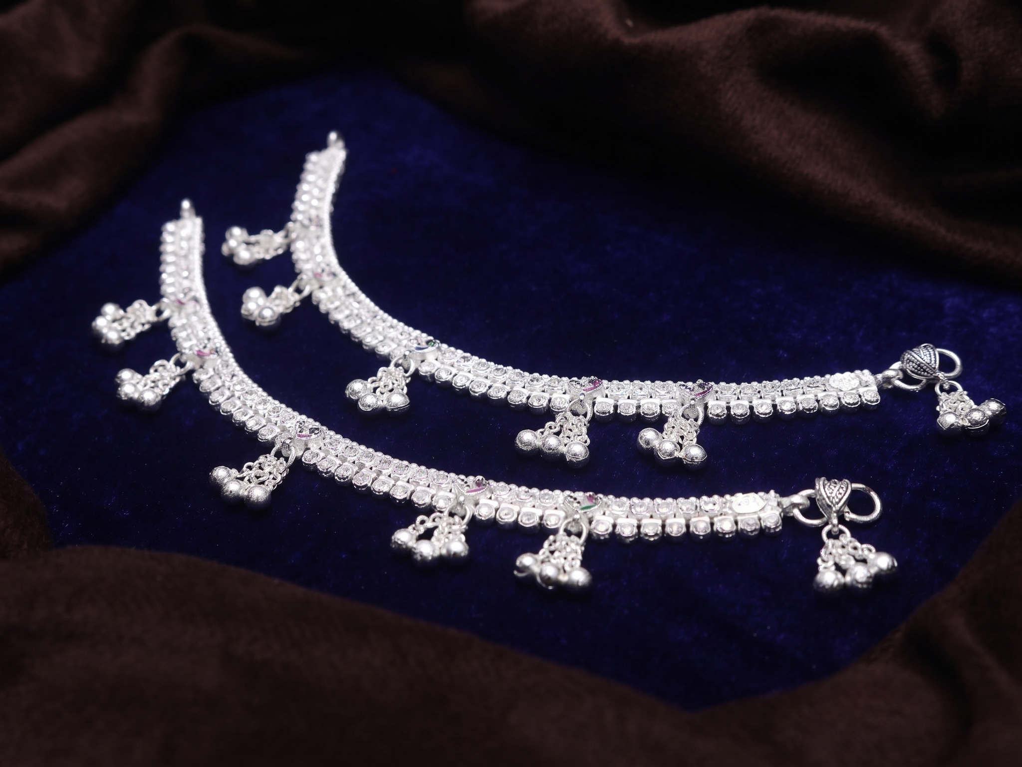 Classic Silver-Toned Traditional Payal Pair with Intricate Beadwork and Dangling Ghungroo Clusters