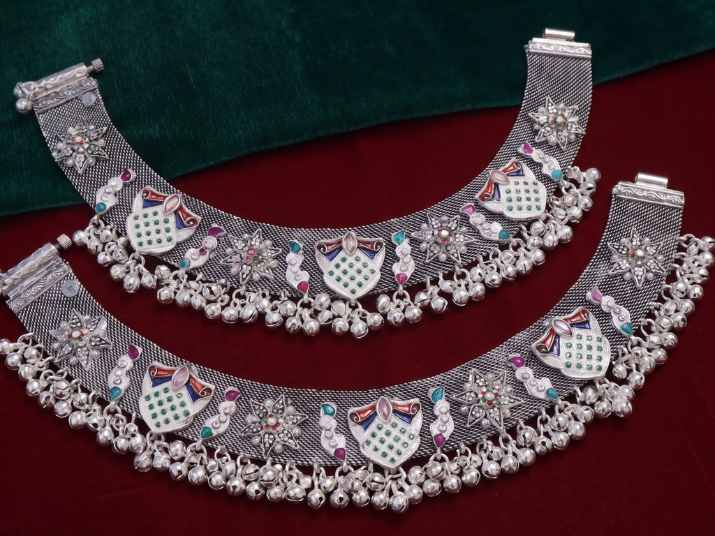 R Plus Royal Meenakari Bridal Payal - Heavy German Silver Mesh Anklets with Multicolor Inlay