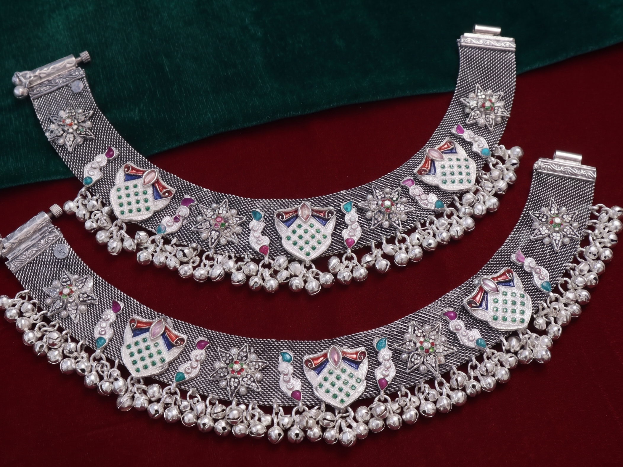 R Plus Royal Meenakari Bridal Payal - Heavy German Silver Mesh Anklets with Multicolor Inlay