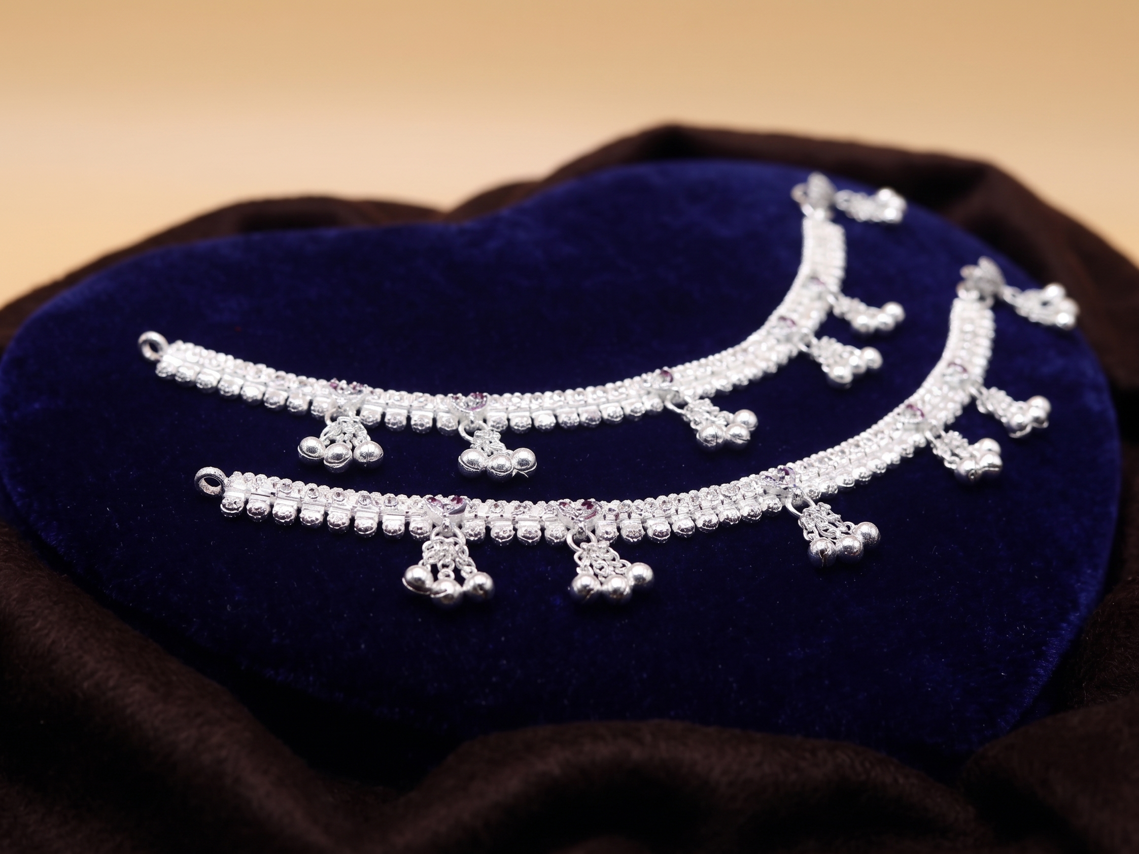 Classic Silver-Toned Traditional Payal Pair with Intricate Beadwork and Dangling Ghungroo Clusters
