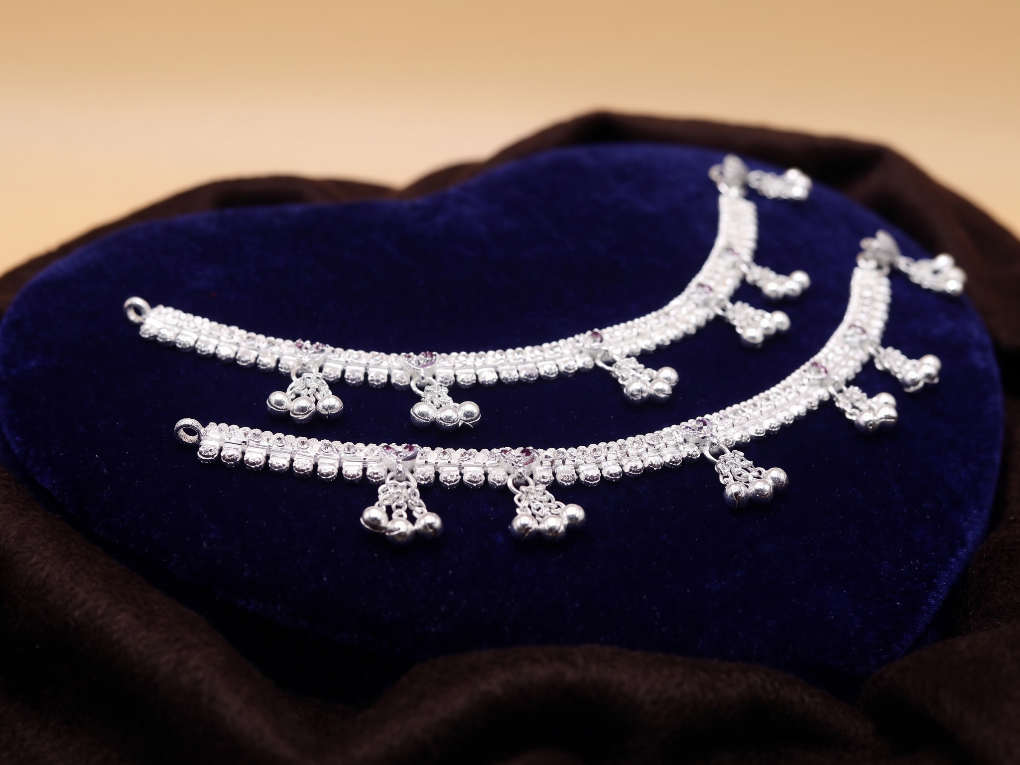 Classic Silver-Toned Traditional Payal Pair with Intricate Beadwork and Dangling Ghungroo Clusters