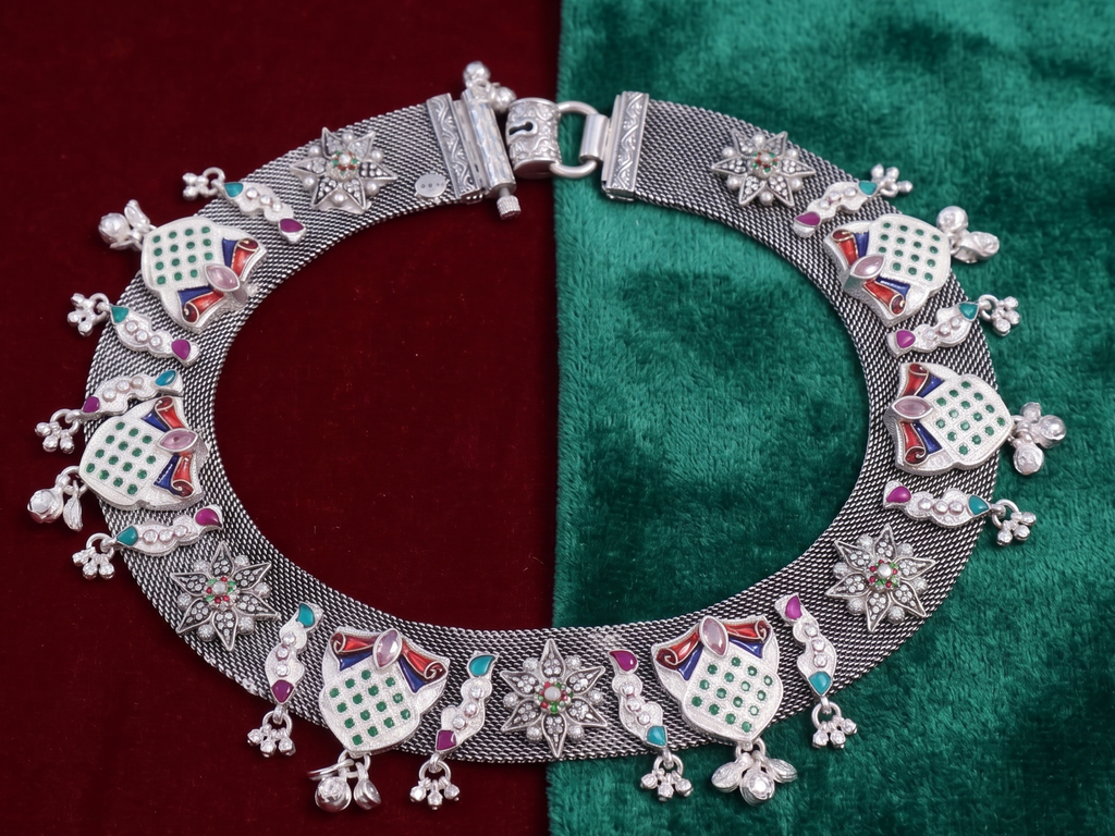 R Plus Royal Meenakari Bridal Payal - Heavy German Silver Mesh Anklets with Multicolor Inlay