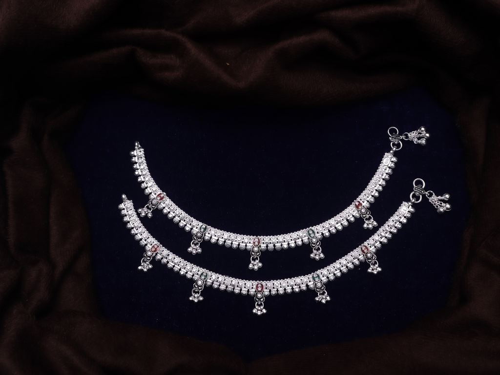 Elegant Sterling Silver Payal Set with Colorful Accents & Hanging Charms