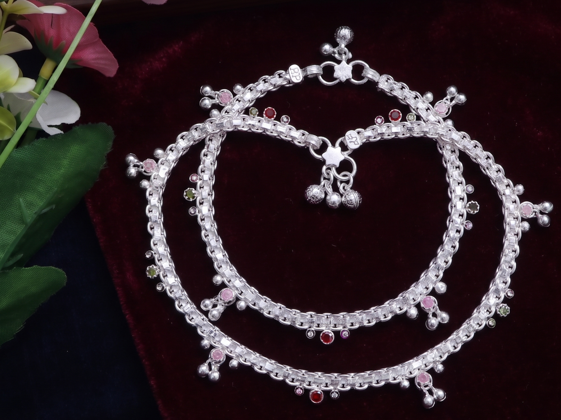 R Plus High-Shine Jasti Payal - Premium German Silver Anklets with Tiny Ghungroo Charms