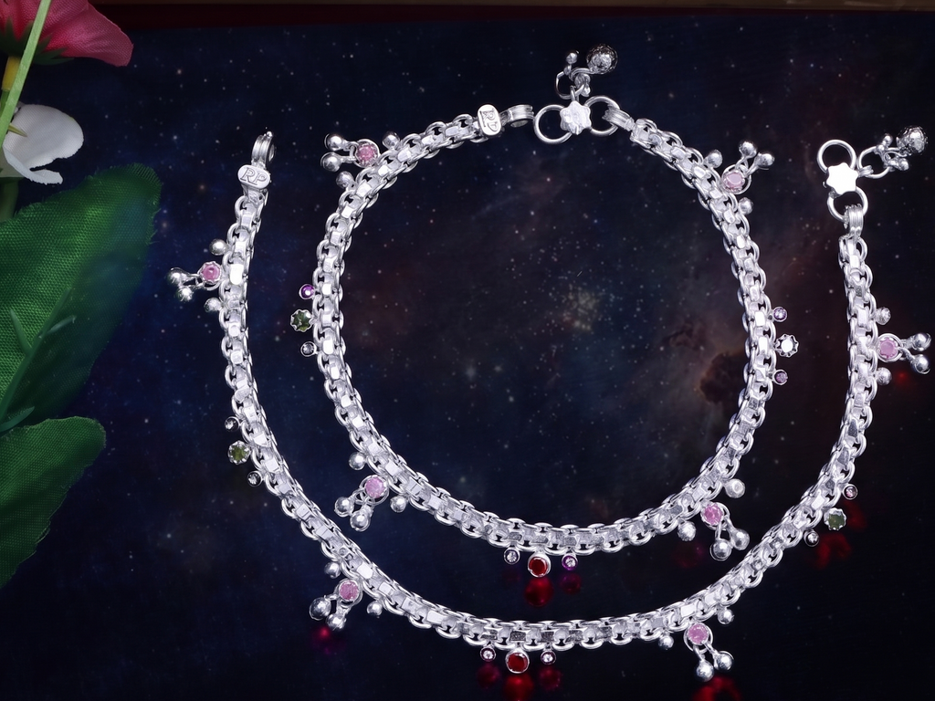 R Plus High-Shine Jasti Payal - Premium German Silver Anklets with Tiny Ghungroo Charms