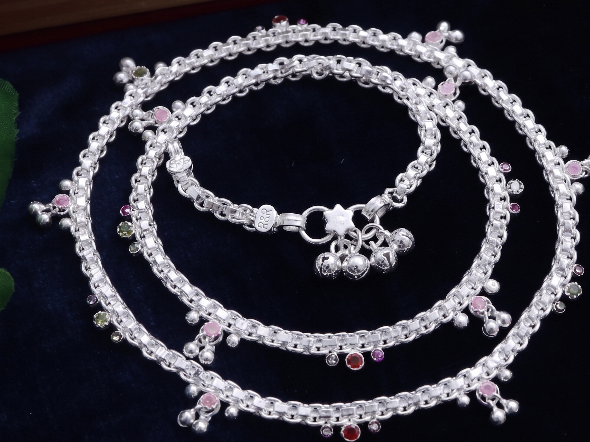 R Plus High-Shine Jasti Payal - Premium German Silver Anklets with Tiny Ghungroo Charms