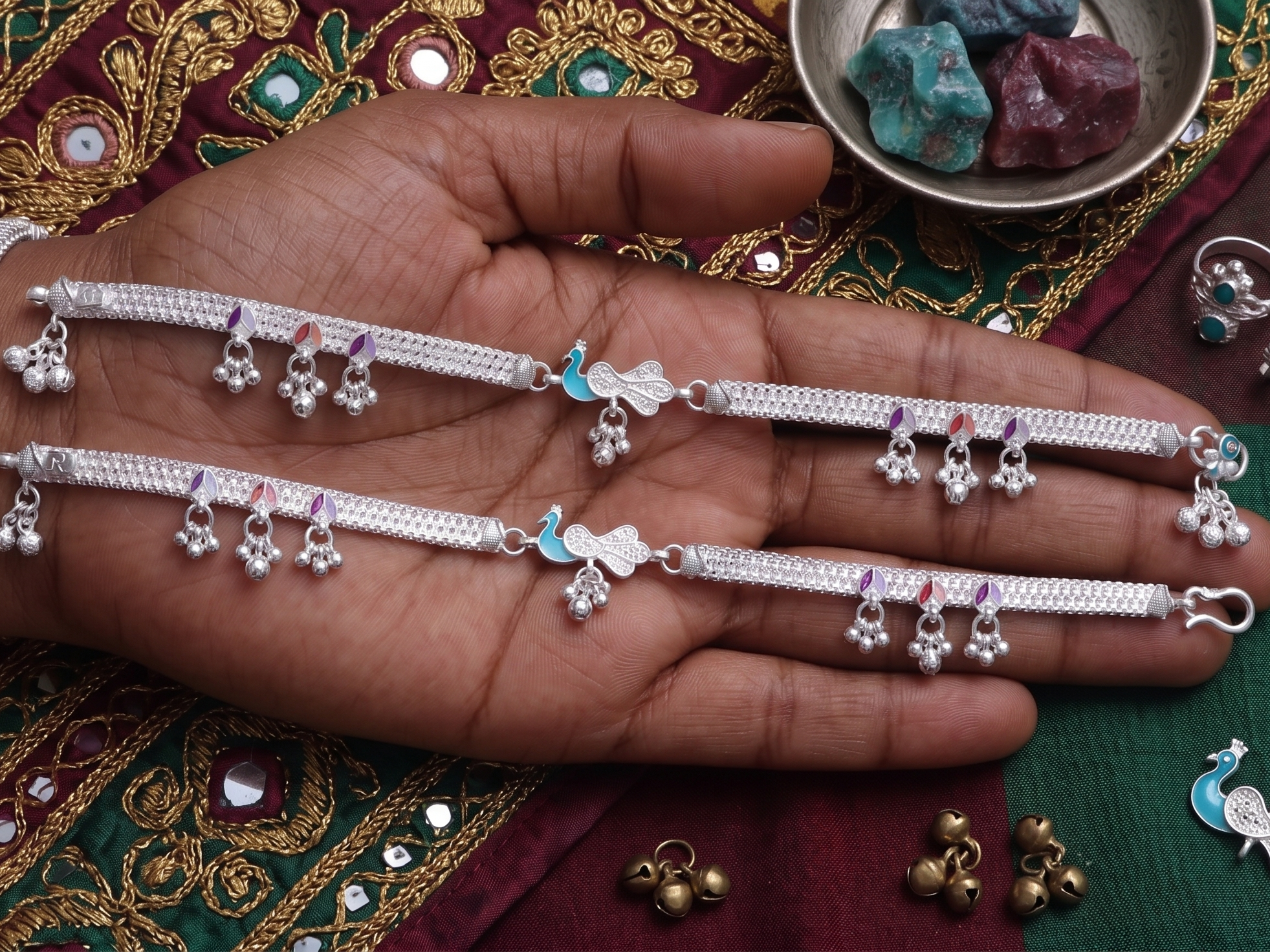 R Plus White Silver Plated Anklets - Peacock Design Jasti Payal with Ghungroo Charms (Pair)