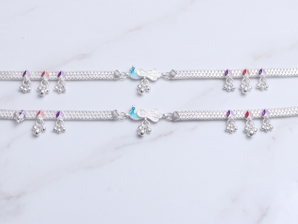 R Plus White Silver Plated Anklets - Peacock Design Jasti Payal with Ghungroo Charms (Pair)