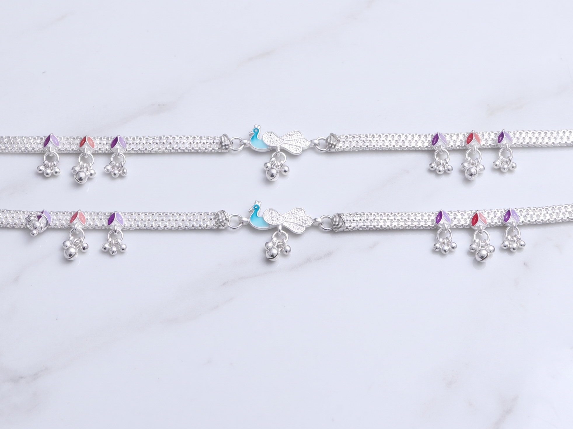 R Plus White Silver Plated Anklets - Peacock Design Jasti Payal with Ghungroo Charms (Pair)