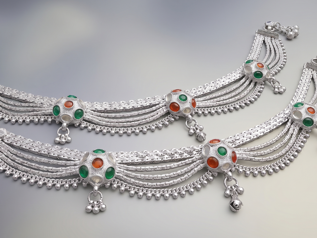 R Plus Heavy Multi-Layered Silver Plated Payal - Traditional 80-150g Bridal Anklets with Ruby & Emerald Stones