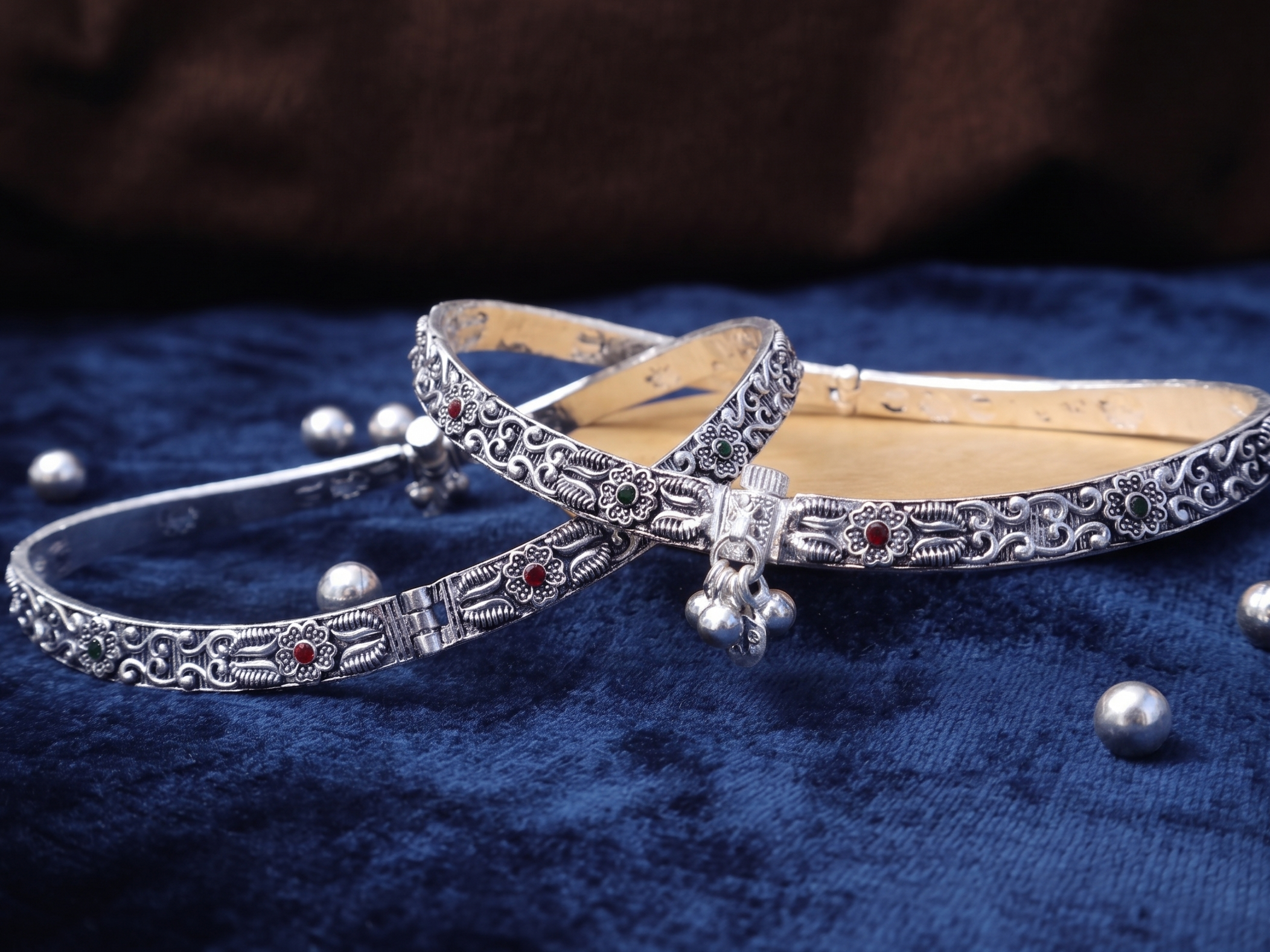 R Plus Vintage "Kada" Style Anklets - Premium Silver Plated Rigid Payal for Weddings & Festivals