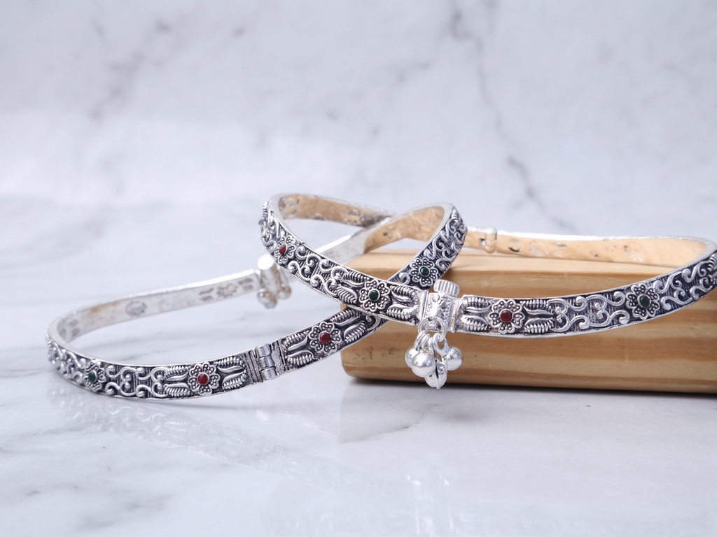 R Plus Vintage "Kada" Style Anklets - Premium Silver Plated Rigid Payal for Weddings & Festivals