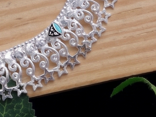 R Plus German Silver Daliya Sitara Anklets - Wide Star-Cut Silver Plated Payal (Pair)