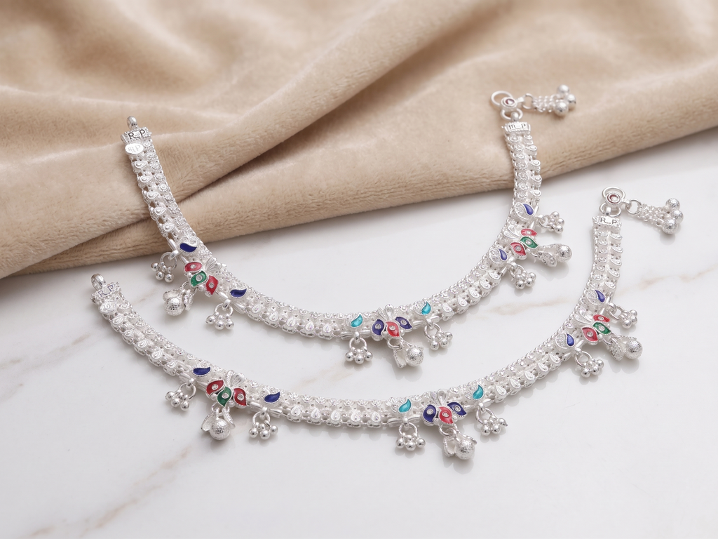 Elegant German Silver Fancy Payal | 0 Touch Silver Plated Artificial Anklet