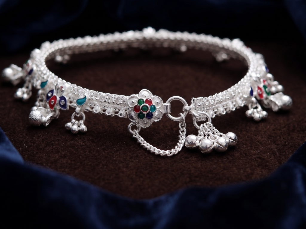 Elegant German Silver Fancy Payal | 0 Touch Silver Plated Artificial Anklet