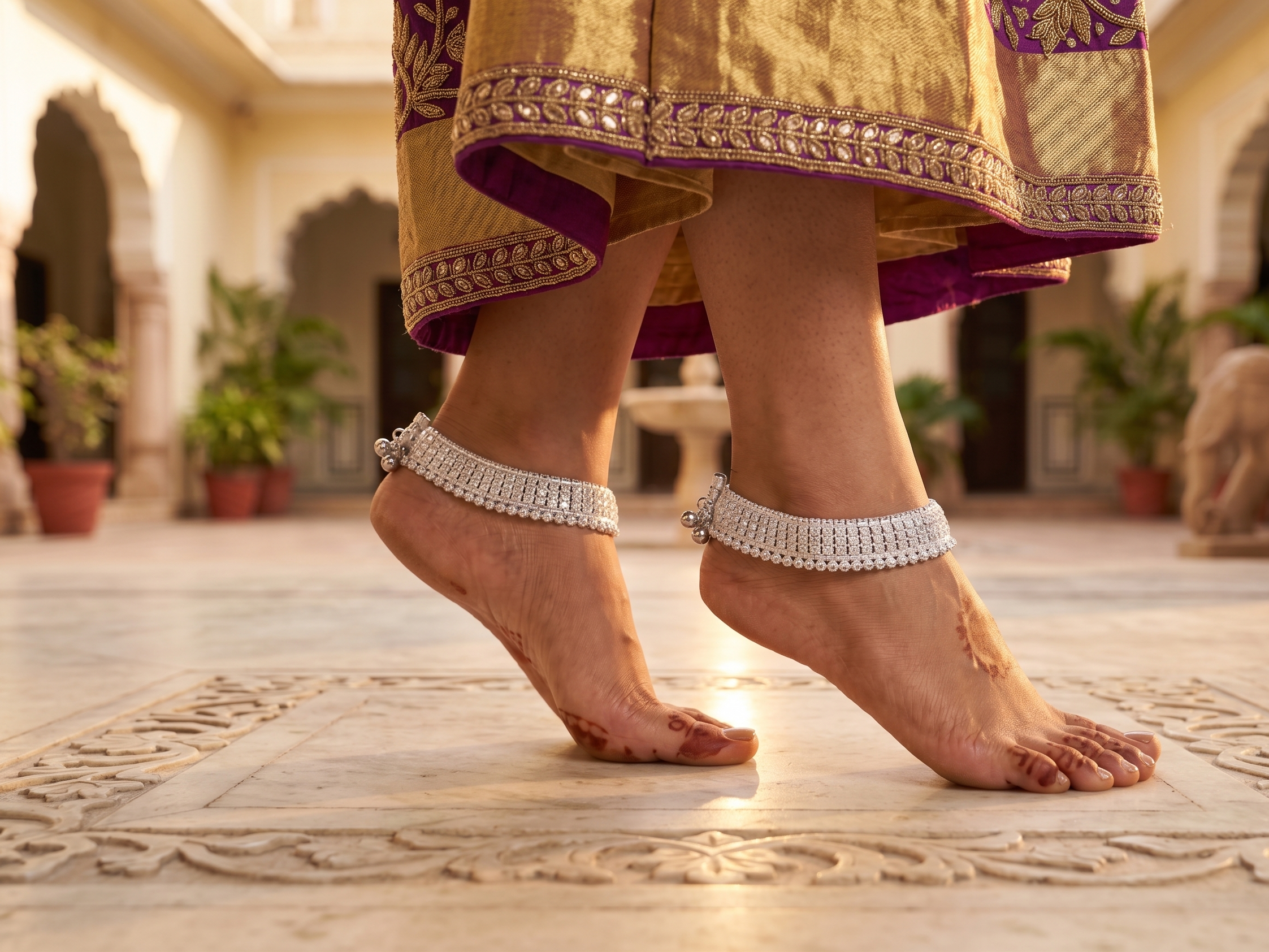 Elegant Sterling Silver Broad Payal Set – Traditional Indian Bridal Anklets with Intricate Carving and Ghungroo Clasp