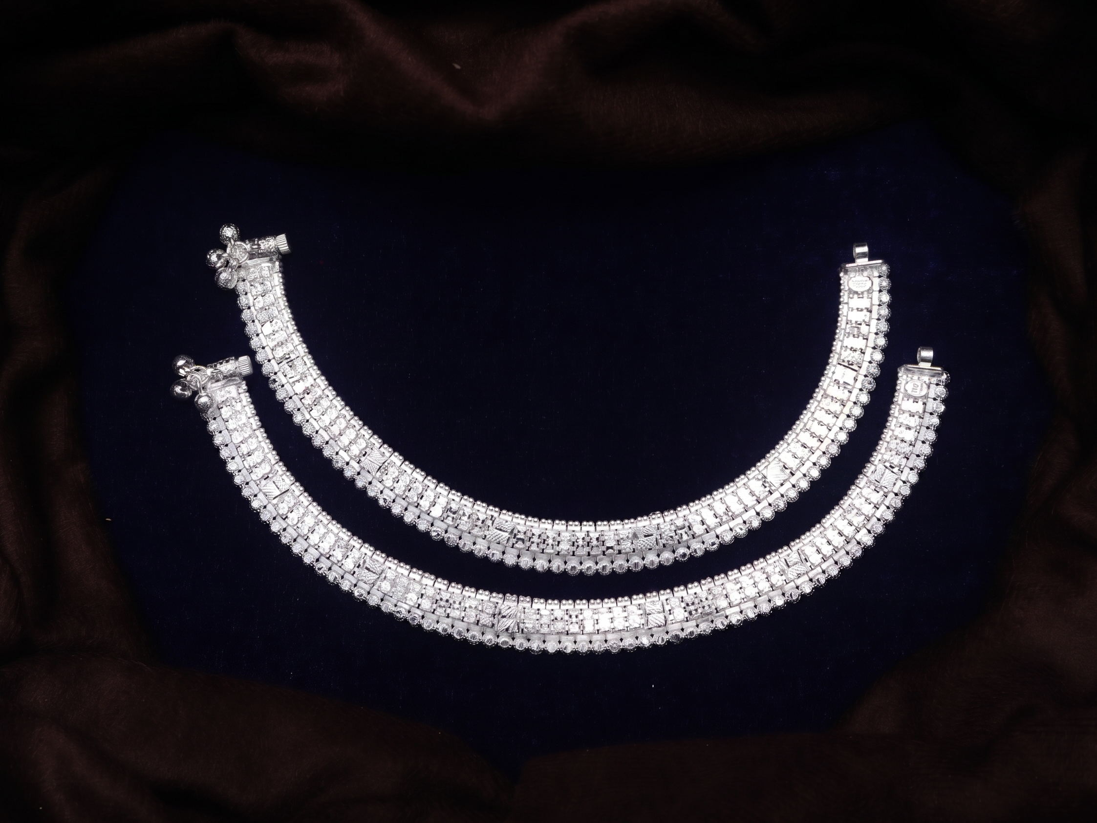 Elegant Sterling Silver Broad Payal Set – Traditional Indian Bridal Anklets with Intricate Carving and Ghungroo Clasp