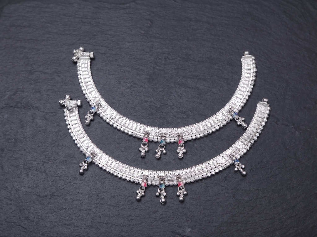 Traditional Sterling Silver Broad Payal Set with Meenakari Accents and Hanging Ghungroo Charms – Bridal Indian Anklets