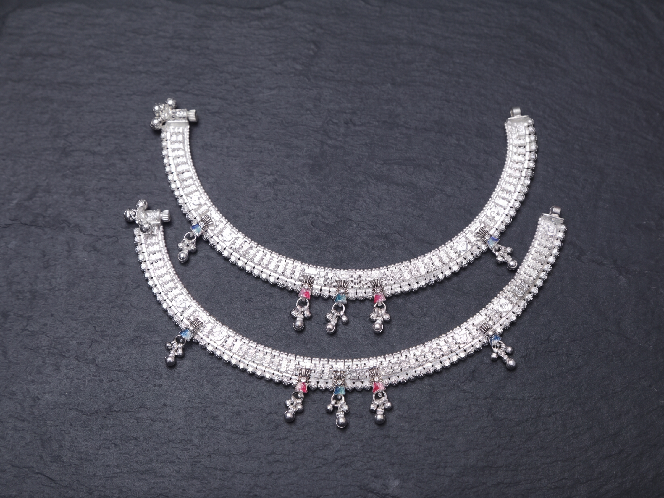 Traditional Sterling Silver Broad Payal Set with Meenakari Accents and Hanging Ghungroo Charms – Bridal Indian Anklets