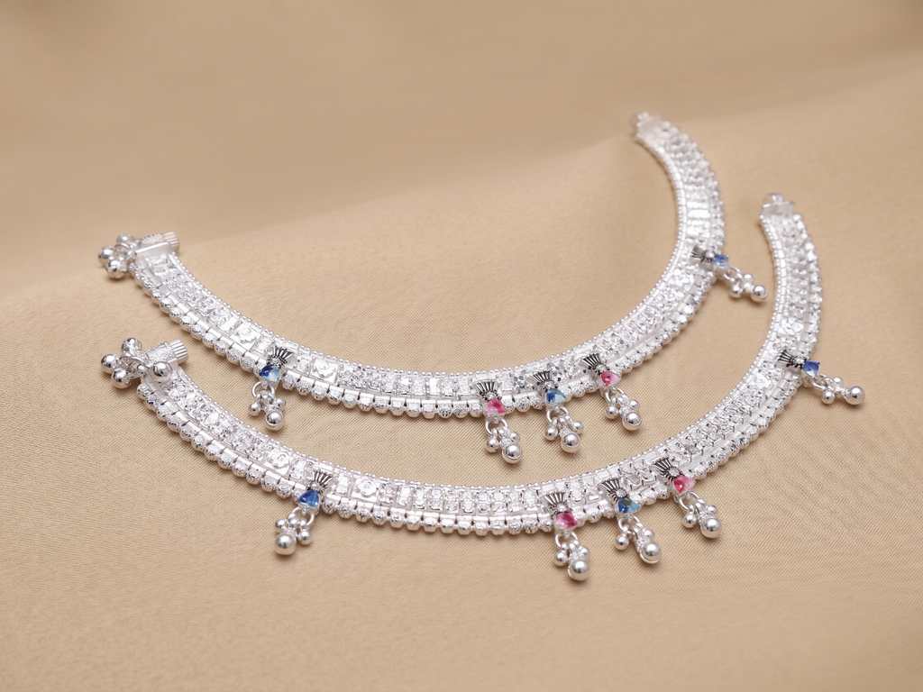 Traditional Sterling Silver Broad Payal Set with Meenakari Accents and Hanging Ghungroo Charms – Bridal Indian Anklets