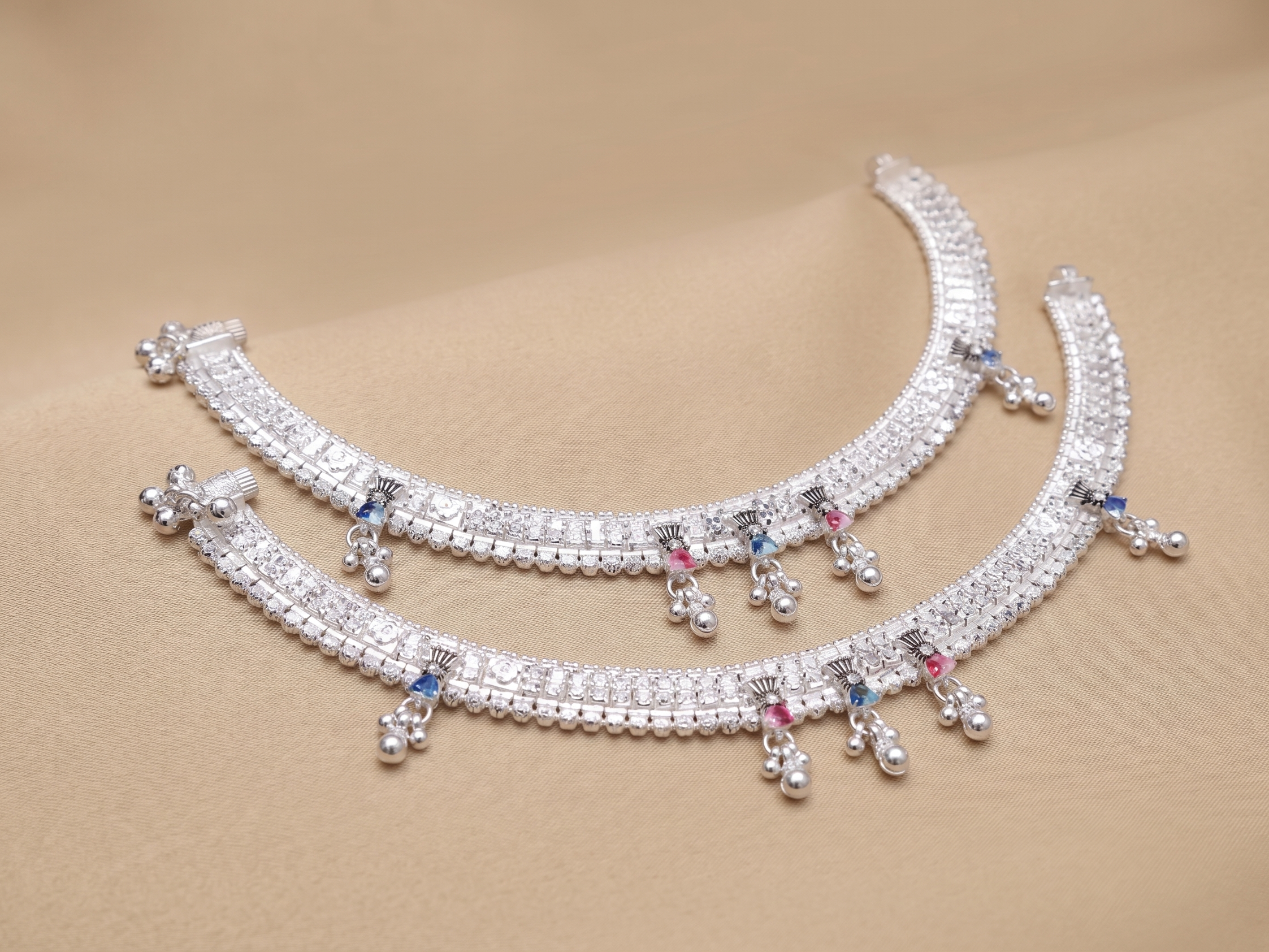 Traditional Sterling Silver Broad Payal Set with Meenakari Accents and Hanging Ghungroo Charms – Bridal Indian Anklets