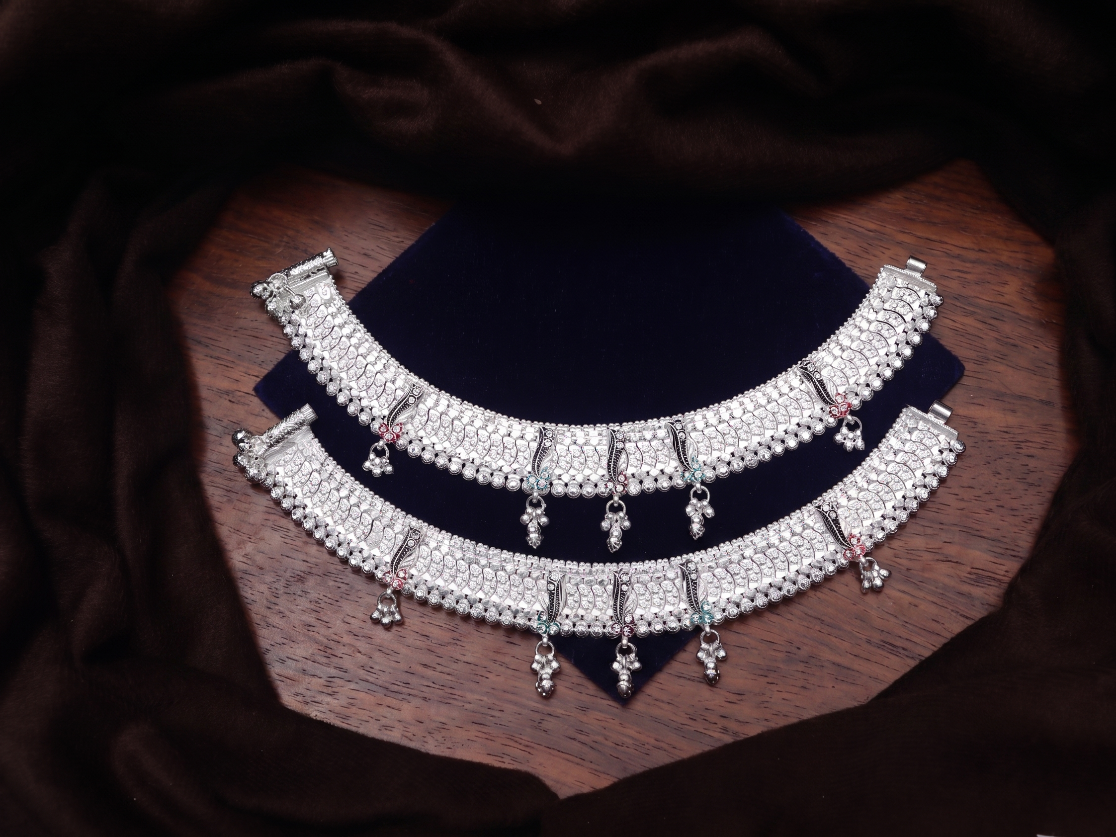 Traditional Silver Bridal Payal Set – Heavy Carved Indian Anklets with Meenakari Accents