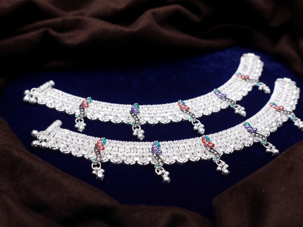 Exquisite Indian Bridal Silver Payal Set – Heavy Fancy Anklets with Vibrant Meenakari Work